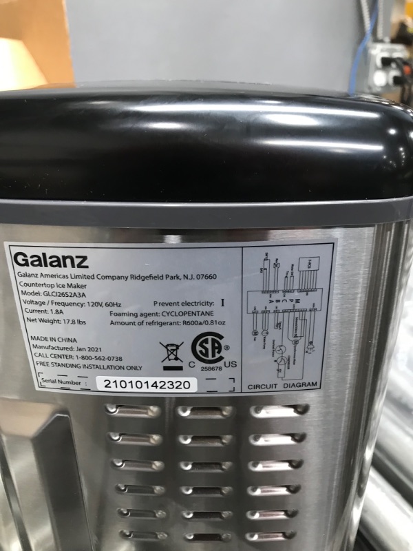 Photo 2 of *** USED TESTED POWERED ON *** Galanz Portable Countertop Electric Ice Maker Machine, 26 lbs in 24 Hours, 9 Bullet Shaped Cubes Ready in 7 Minutes, 2 Ice Sizes, Perfect for Parties & Home Bar, 2.1 L Stainless Steel