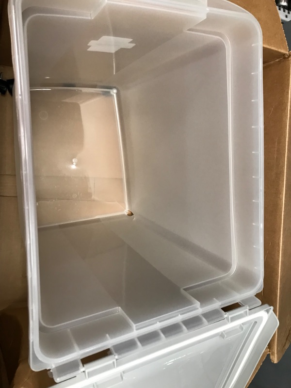 Photo 3 of *** USED *** ** HAS SMALL HOLE IN THE BOTTOM WHERE ONE OF THE WHEELS GO ** IRIS USA 50 Lbs / 65 Qt WeatherPro Airtight Pet Food Storage Container with Removable Casters, for Dog Cat Bird and other Pet Food Storage Bin, Keep Fresh, Translucent Body, Easy M