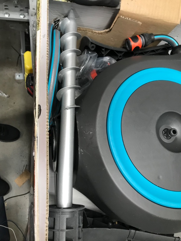 Photo 2 of *** NEW *** ** UNABLE TO TEST ** Gardena 18614-20 66 Foot Auto Retractable Hose Reel on Metal Spike, Feet, Standard, Turquoise & 39042-M 4 Piece Premium Metal Quick Connector Starter Set, Silver,Orange, Grey, Black Spike-Mounted Hose Reel + 39042-M Starte