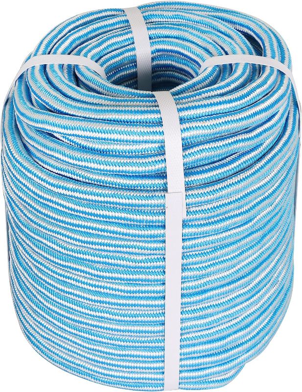 Photo 1 of 1/2 x 200FT, High Force Braided Polyester Arborist Tree Rope, 24 Strand Bull Rope, Extra Abrasion Resistant, UV Resistant Heavy Duty Tree Rope for Swings,Camping(Blue and White)
