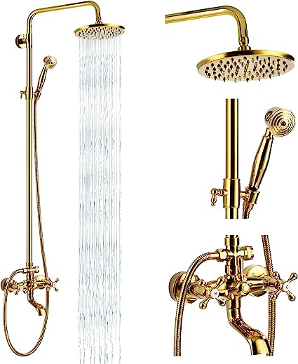 Photo 1 of *STOCK PHOTO NOT EXACT* Exposed Shower Faucet Set 8 Rain Shower 2 Double Knobs Handle Gold Polish Triple Function Tub Spout Shower Fixture Combo System Unit Set
