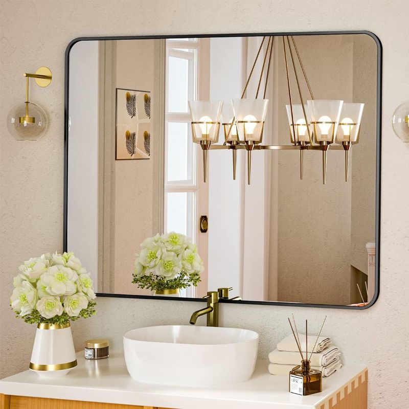 Photo 1 of 
VooBang 40x 30 inch Bathroom Mirror, Black Frame Mirror for Wall, Modern Round Corner Wall Mirror for Bedroom, Living Room, Horizontal or Vertical