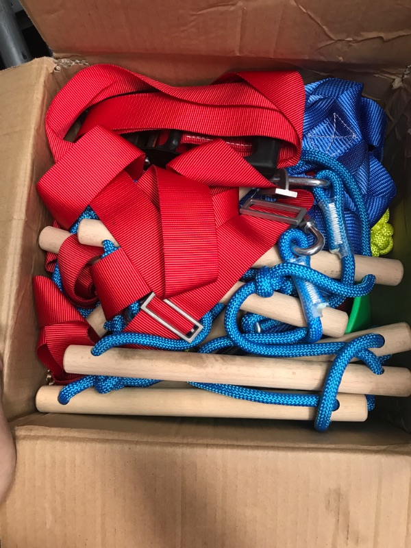 Photo 1 of Ninja Warrior Obstacle Course for Kids - 2X50FT Double Ninja Slackline with Most Complete Accessories for Kids, Swing, Trapeze Swing, Rope Ladder, Obstacle Net Plus 1.2M Arm Trainer
