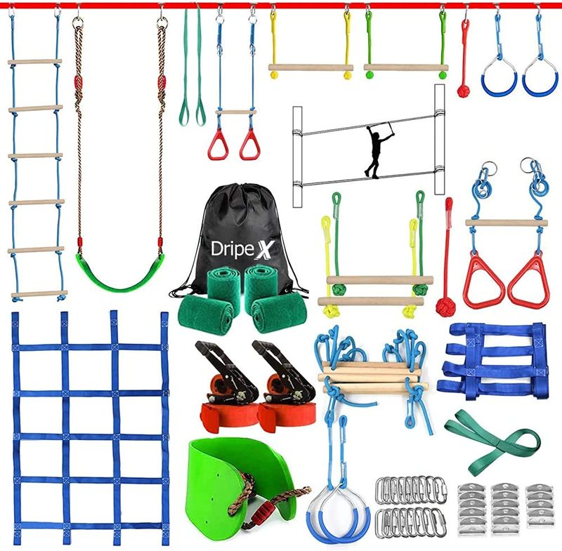 Photo 1 of Ninja Warrior Obstacle Course for Kids - 2X50FT Double Ninja Slackline with Most Complete Accessories for Kids, Swing, Trapeze Swing, Rope Ladder, Obstacle Net Plus 1.2M Arm Trainer
