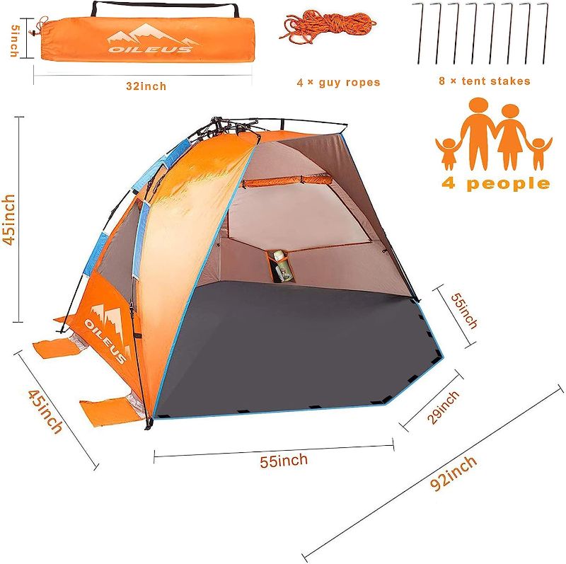 Photo 1 of Oileus X-Large 4 Person Beach Tent Sun Shelter - Portable Sun Shade Instant Tent for Beach with Carrying Bag, Stakes, 6 Sand Pockets, Anti UV for Fishing Hiking Camping, Waterproof Windproof, Orange
