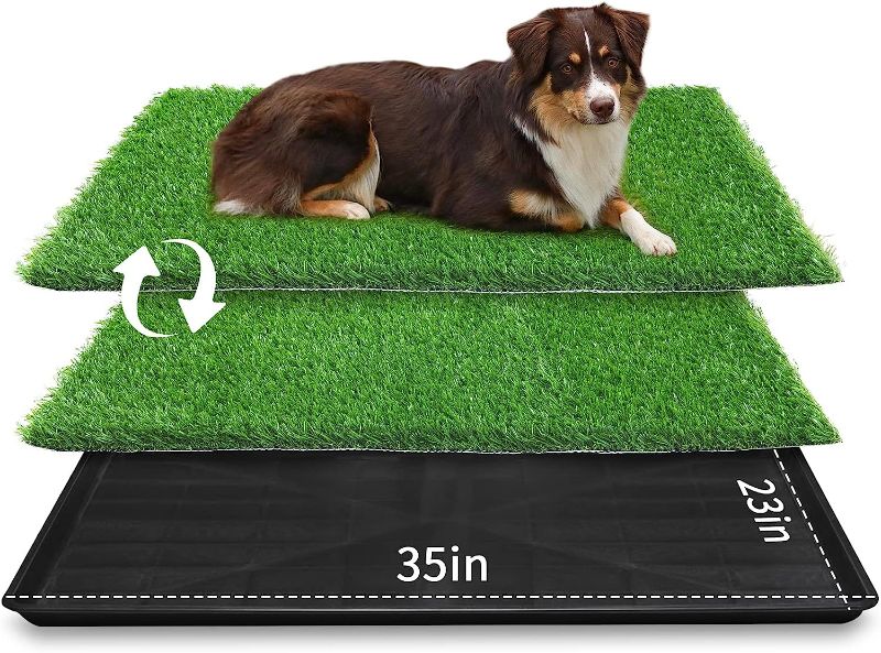 Photo 1 of LOOBANI 35in x 23in Extra Large Grass Porch Potty Tray, 2-Pack Replacement Artificial Grass Puppy Training Pads, Quickly Absorbency Portable Dog Patio Potty for Balcony/Apartment Use
