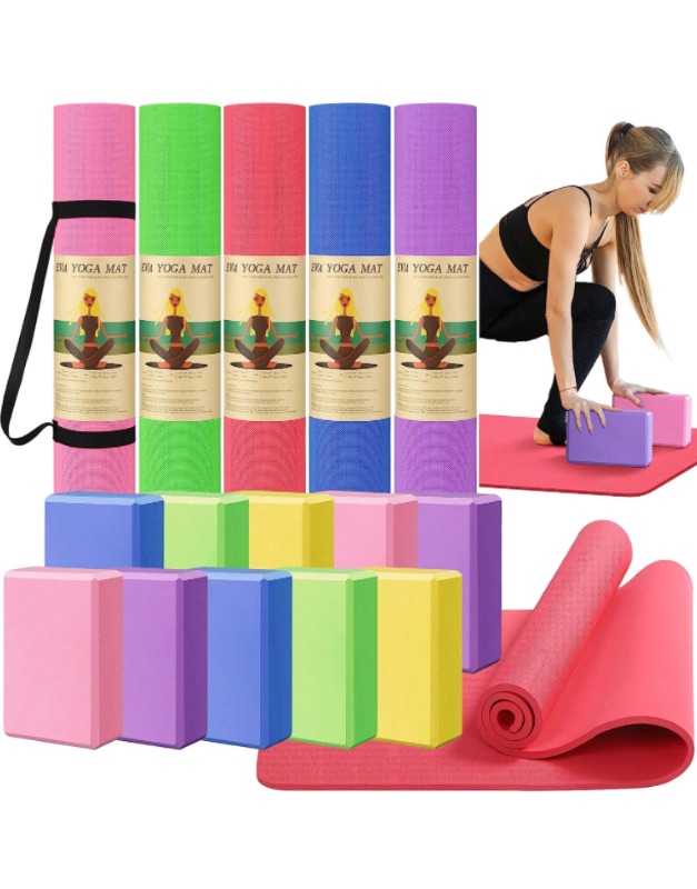 Photo 1 of 15 Pcs Yoga Blocks and Mats Set Bulk Exercise Blocks 10 EVA Foam Yoga Bricks 5 Exercise Mat with Carrying Straps Non Slip Surface for Yoga, Pilates, Stretching and Meditation Women Men Yoga Beginners