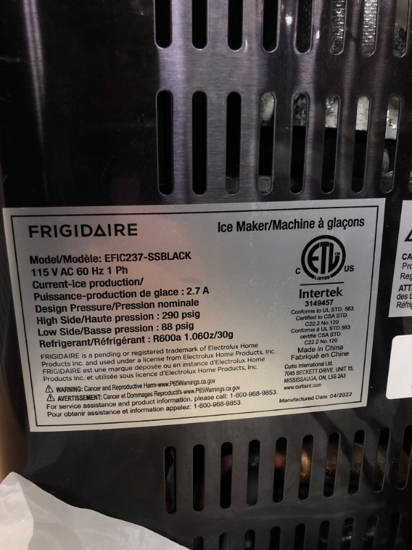 Photo 3 of ***PARTS ONLY NOT FUNCTIONAL***Frigidaire EFIC237 Countertop Crunchy Chewable Nugget Ice Maker, 44lbs per day, Auto Self Cleaning, Black Stainless