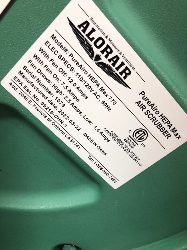 Photo 2 of *SEE NOTES* ALORAIR PureAiro HEPA Pro 770 industrial Air Scrubber, 3-Stage Filtration System, GFCI Outlet, Negative Machine, Air Scrubber