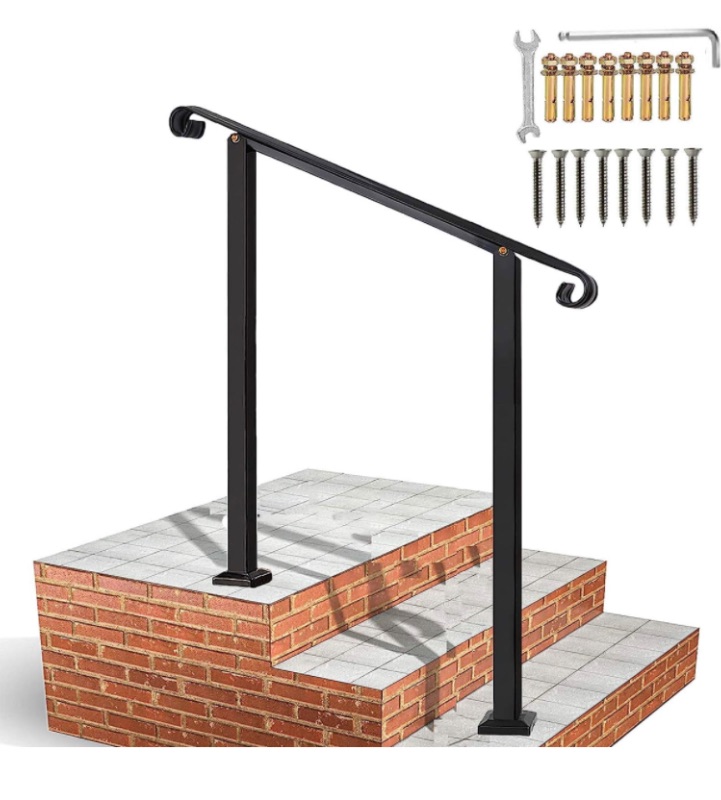 Photo 1 of * PARTS ONLY* Handrails for Outdoor Steps,3 Step Handrail Fits 1 to 3 Steps Mattle Wrought Iron Handrail Stair Rail?Transitional Handrail with Installation Kit ?Hand Rails for Outdoor Steps Black?Patent Pending