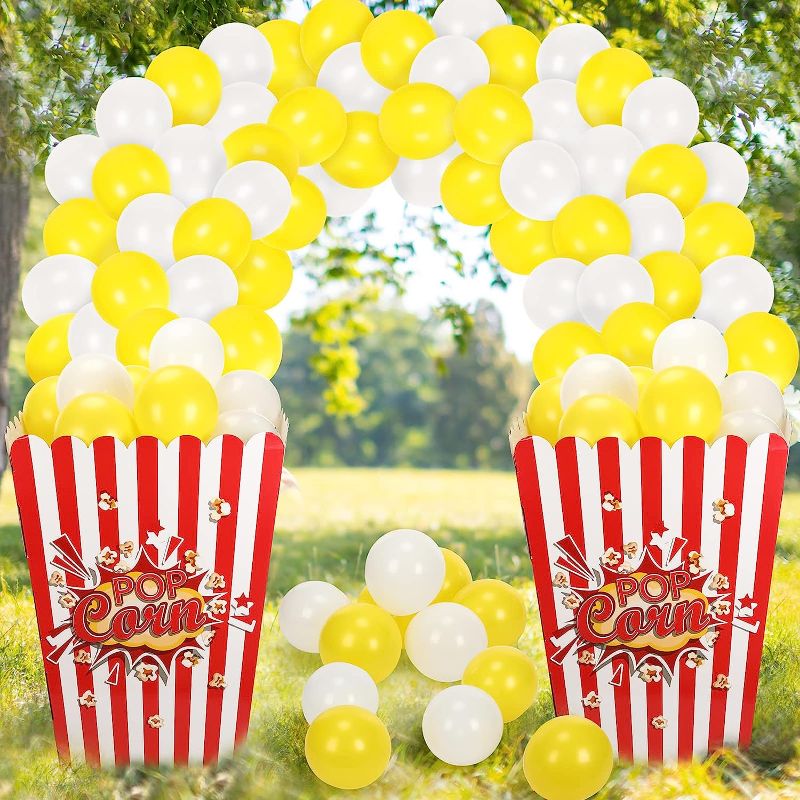 Photo 1 of 2 Pieces Giant Popcorn Box Cardboard Stand up with 100 Balloons Movie Popcorn 3D Popcorn Box Cardboard Stand up and Yellow White Popcorn Theme Balloons Carnival Decorations for Movie Themed Party