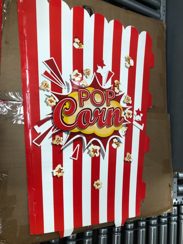 Photo 4 of 2 Pieces Giant Popcorn Box Cardboard Stand up with 100 Balloons Movie Popcorn 3D Popcorn Box Cardboard Stand up and Yellow White Popcorn Theme Balloons Carnival Decorations for Movie Themed Party