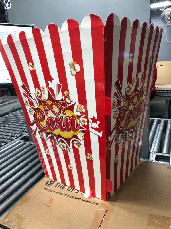 Photo 2 of 2 Pieces Giant Popcorn Box Cardboard Stand up with 100 Balloons Movie Popcorn 3D Popcorn Box Cardboard Stand up and Yellow White Popcorn Theme Balloons Carnival Decorations for Movie Themed Party