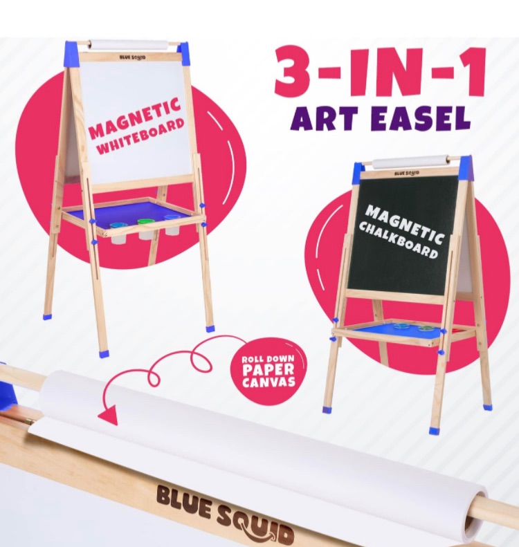 Photo 1 of Blue Squid Art Easel for Kids - Accessories Double Sided Wooden Kids Easel Drawing Board with Magnetic Chalkboard, Dry Erase White Board & Paper Roll Paint Art Set for Kids Toddlers 2-4 4-8 9-12