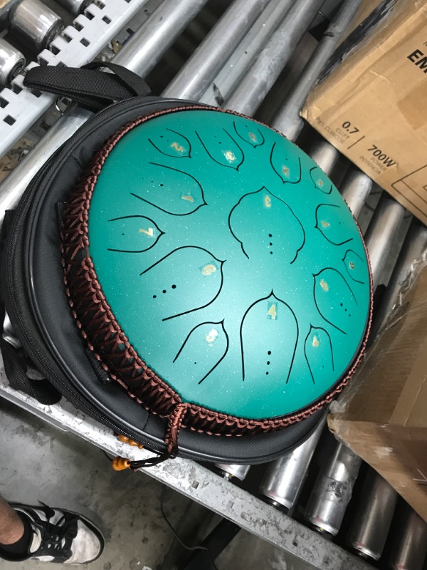 Photo 2 of 14 Inch 15 Note Steel Tongue Drum Qingshi Percussion Instrument Lotus Hand Pan Drum with Drum Mallets Carry Bag?Used for music education concert spiritual healing yoga meditation (Green)