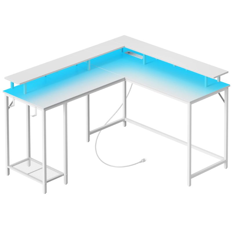 Photo 1 of SUPERJARE L Shaped Gaming Desk with Power Outlets & LED Lights, Computer Desk with Monitor Stand & Storage Shelf, Home Office Desk Corner Desk with Hooks, white