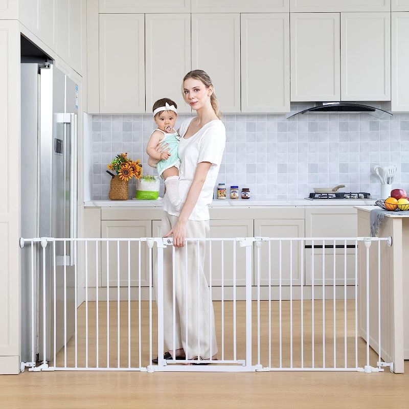 Photo 1 of COMOMY 30"-80" Extra Wide Baby Gate, Dog Gate, NOT PRESSURE MOUNTED, Adjustable 3 Metal Panels, Hardware Mounted (30" Tall, White)
