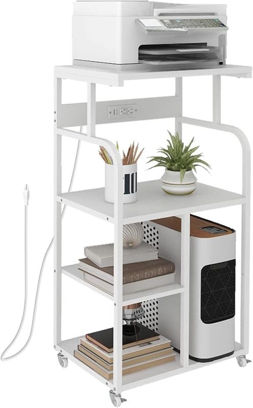 Photo 1 of VEDECASA Mobile High Printer Stand with Power Outlet Charging Plugs USB Port Office Storage Shelf Includes Computer Tower CPU Stand Holder with Wheel (White)
