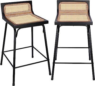 Photo 1 of (minor damage)Counter Height Bar Stools, Bar Stools Set of 2, Rattan Bar Stool, Black Dining Room Chairs Metal Bar Stools for Kitchen Counter Mid Century Modern Chair Boho Wicker Bar Stools 24 inch Counter Stools