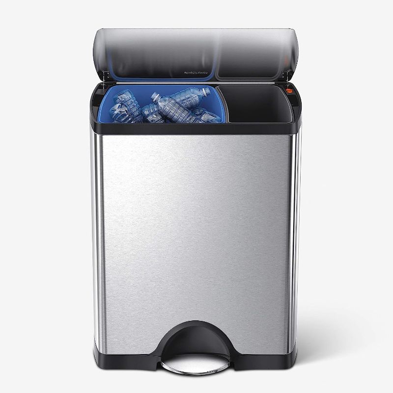 Photo 1 of *DENTS*  Simplehuman Rectangular Dual Compartment Recycling Kitchen Step Trash Can, 46 Liter, Brushed Stainless Steel
