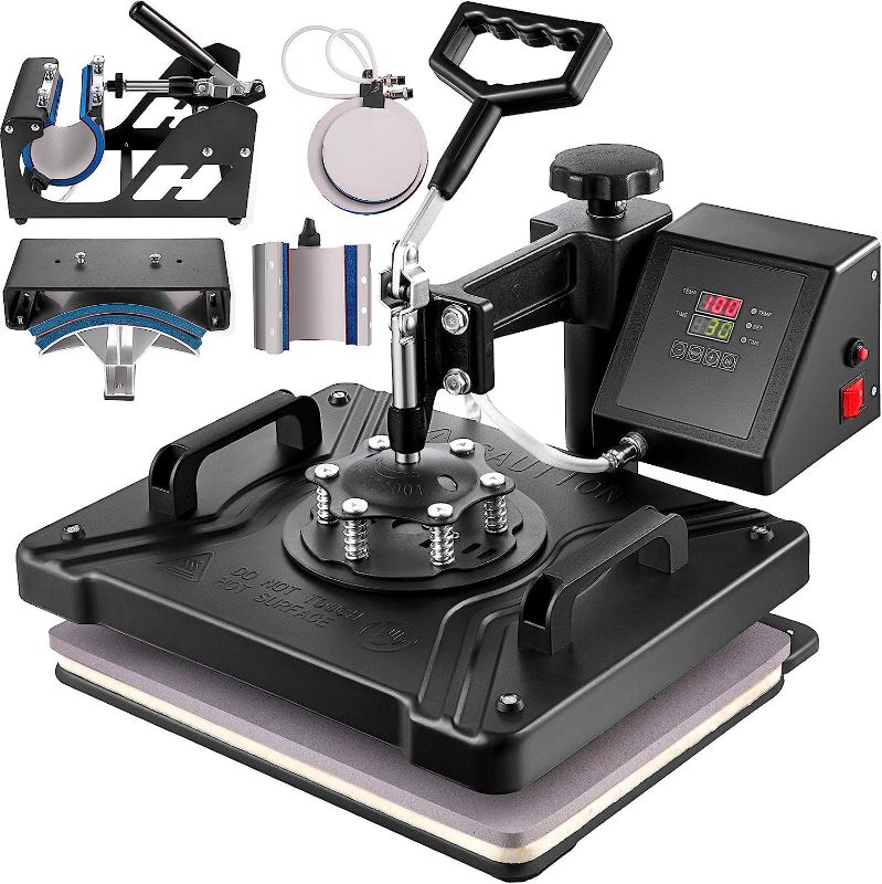 Photo 1 of **MISSING COMPONENTS**INCOMPLETE**
VEVOR Heat Press Machine, 12 x 15 Inch, 6 in 1 Combo Swing Away T-Shirt Sublimation Transfer Printer with Teflon Coated, Mug/Hat/Plate Accessories Included, ETL/FCC Certificated, Black
