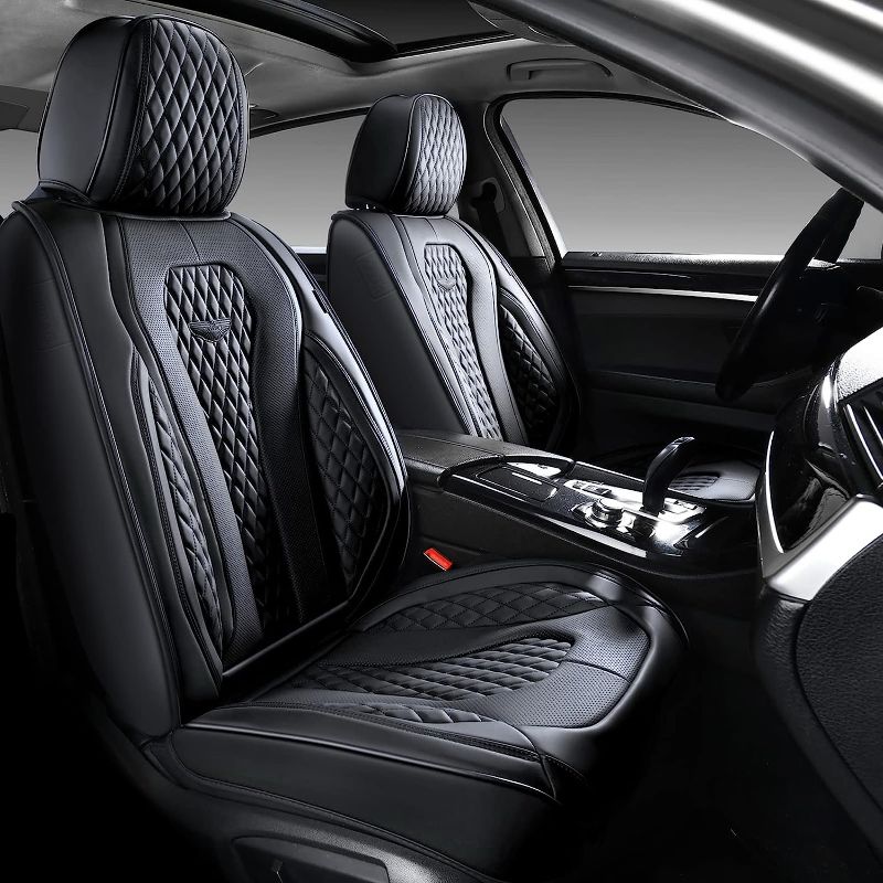 Photo 1 of Coverado Leather Seat Covers, Waterproof Luxury Leatherette Car Seat Cushions for Front and Rear 5 Pcs, Stylish Seat Protectors Auto Accessories Universal Fit Most Sedans, SUVs and Trucks, Black Black FullSet