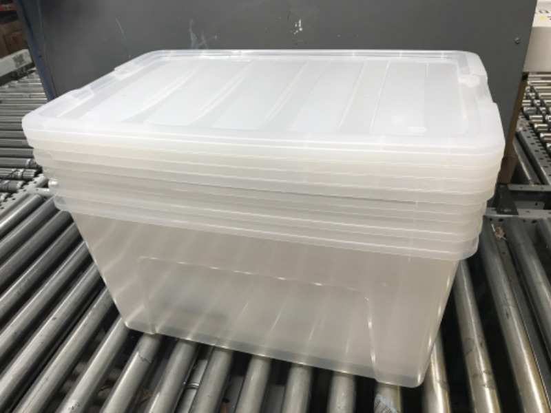 Photo 2 of IRIS USA 72 Qt. Plastic Storage Bin Tote Organizing Container with Durable Lid and Secure Latching Buckles, Stackable and Nestable, 4 Pack, Crystal Clear 72 Qt. - 4 Pack, Crystal Clear