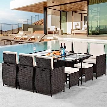 Photo 1 of 11pcs Outdoor Garden Patio Cushioned Rattan Wicker Dining Set Brown Modern Contemporary Rectangular Handmade BOX 2/3
