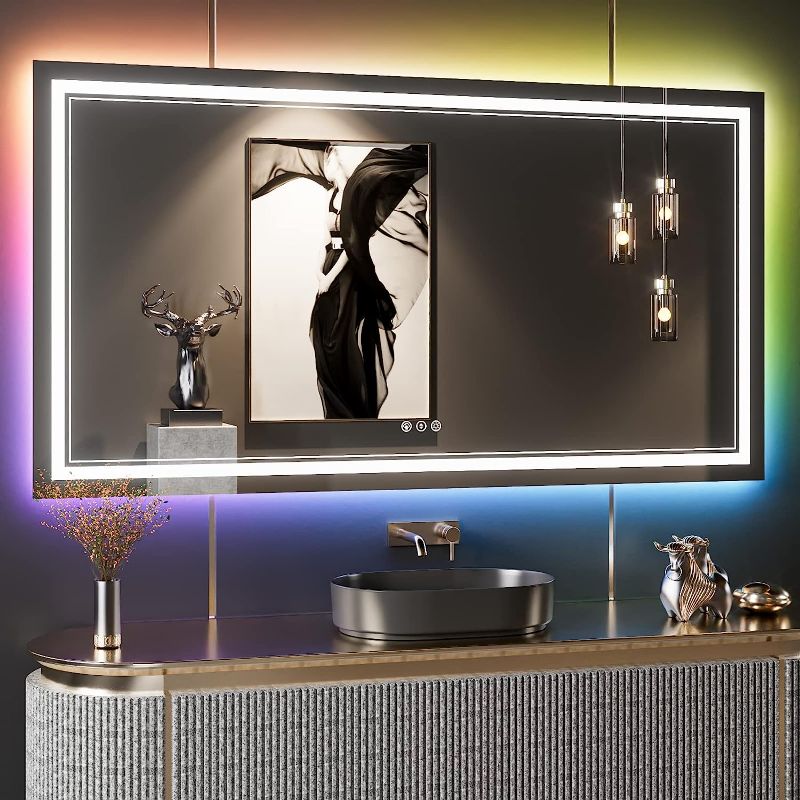 Photo 1 of  55x30 inch LED Bathroom Mirror with Lights RGB Backlit Color Changing Lighted Vanity Mirror for Bathroom Wall Dimmable Anti-Fog Led Mirror for Bathroom(RGB Backlit + 3 Front-Lighted)