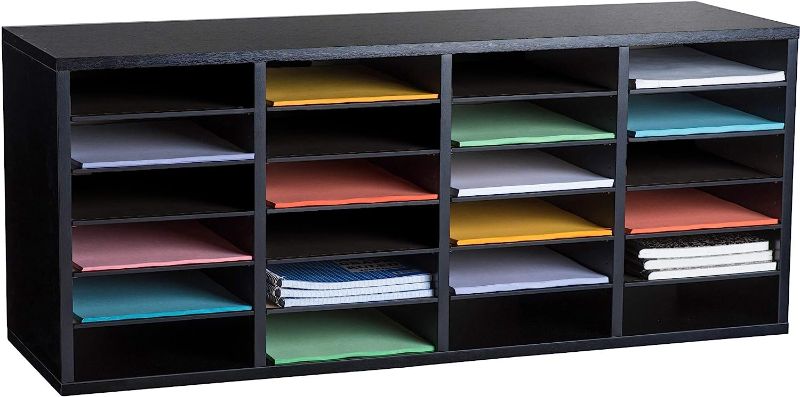 Photo 1 of AdirOffice Wooden Literature Organizer Sorter - Stackable Mail Craft Paper Storage Holder with Removable Shelves for Office, Classrooms, and Mailrooms Organization (27 Compartment, Black)
