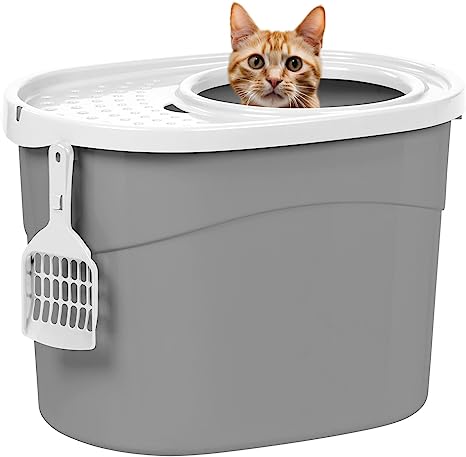 Photo 1 of **PARTS ONLY**
IRIS USA Oval Top Entry Cat Litter Box with Scoop, Kitty Litter Tray with Litter Catching Lid Less Tracking Dog Proof and Privacy Large, Gray/White