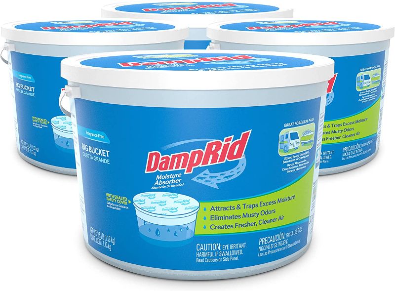 Photo 1 of **CRUSHED** DampRid, White Fragrance Free Hi-Capacity Moisture Absorber for Fresher, Cleaner Air in Large Spaces, Four 2.5 Pound Buckets, Regular