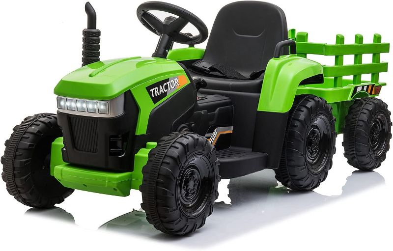 Photo 1 of ***MISSING PARTS***TOBBI 12v Battery-Powered Toy Tractor with Trailer and 35W Dual Motors,3-Gear-Shift Ground Loader Ride On with LED Lights and USB&Bluetooth Audio Functions in Green