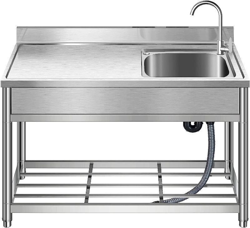 Photo 1 of **MINOR WEAR & TEAR**Free Standing Stainless-Steel Single Bowl Commercial Restaurant Kitchen Sink Set w/Faucet & Drainboard, Prep & Utility Washing Hand Basin w/Workbench & Storage Shelves Indoor Outdoor (39 in)