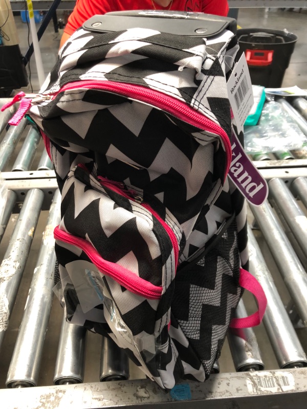 Photo 2 of **MINOR WEAR & TEAR**Rockland Double Handle Rolling Backpack, Pink Chevron, 17-Inch 17-Inch Pink Chevron