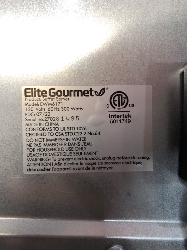 Photo 5 of **MINOR SHIPPING SCUFFS**Elite Gourmet EWM-6171 Triple 3 x 2.5 Qt. Trays, Buffet Server, Food Warmer Temperature Control, Clear Slotted Lids, Perfect for Parties, Entertaining & Holidays, 7.5 Qt Total, Stainless Steel
