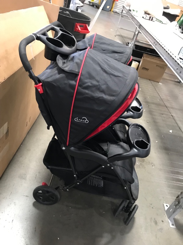 Photo 2 of (damage)Kolcraft Cloud Plus Lightweight Baby and Toddler Double Stroller with Reclining Seats, Child and Parent Trays, Large Storage, Extendable Canopies, Compact Fold - Red/Black