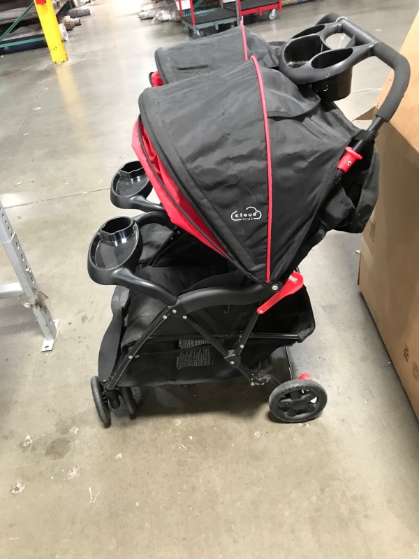 Photo 6 of (damage)Kolcraft Cloud Plus Lightweight Baby and Toddler Double Stroller with Reclining Seats, Child and Parent Trays, Large Storage, Extendable Canopies, Compact Fold - Red/Black