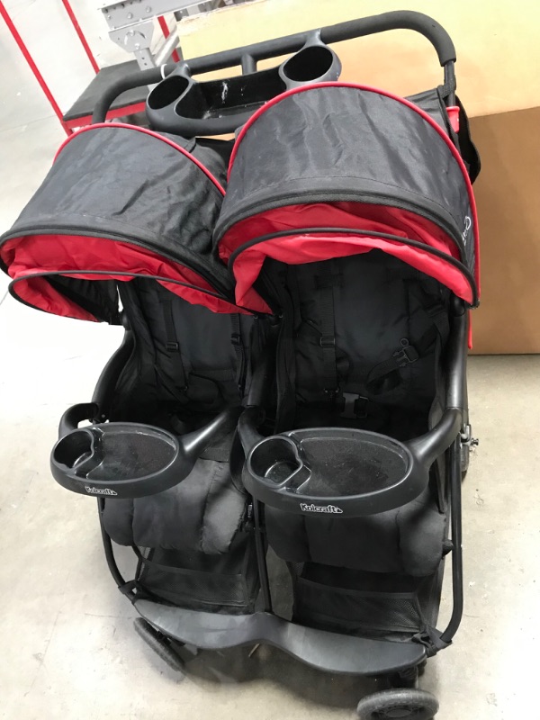 Photo 3 of (damage)Kolcraft Cloud Plus Lightweight Baby and Toddler Double Stroller with Reclining Seats, Child and Parent Trays, Large Storage, Extendable Canopies, Compact Fold - Red/Black