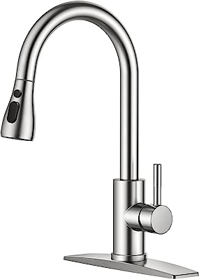 Photo 1 of  Kitchen Faucet with Pull Down Sprayer Brushed Nickel, High Arc Single Handle Kitchen Sink Faucet with Deck Plate, Commercial Modern rv Stainless Steel Kitchen Faucets, Grifos De Cocina