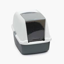 Photo 1 of **DAMAGED** IRIS USA Large Enclosed Corner Cat Litter Box with Front Door Flap and Scoop, Hooded Kitty Litter Tray with Handle and Buckles for Portability and Privacy, Gray
