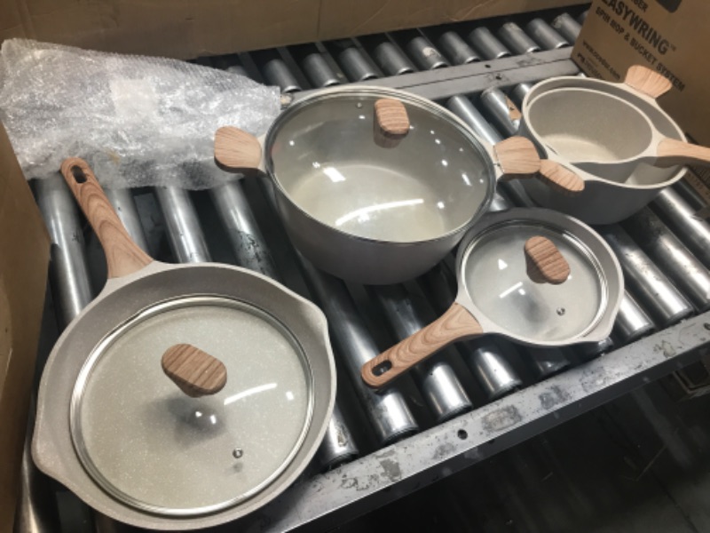 Photo 2 of  Country Kitchen Induction Cookware Sets - 8 Piece Nonstick Cast Aluminum Pots and Pans with BAKELITE Handles - Non-Toxic - Speckled Cream with Light Wood Handles
