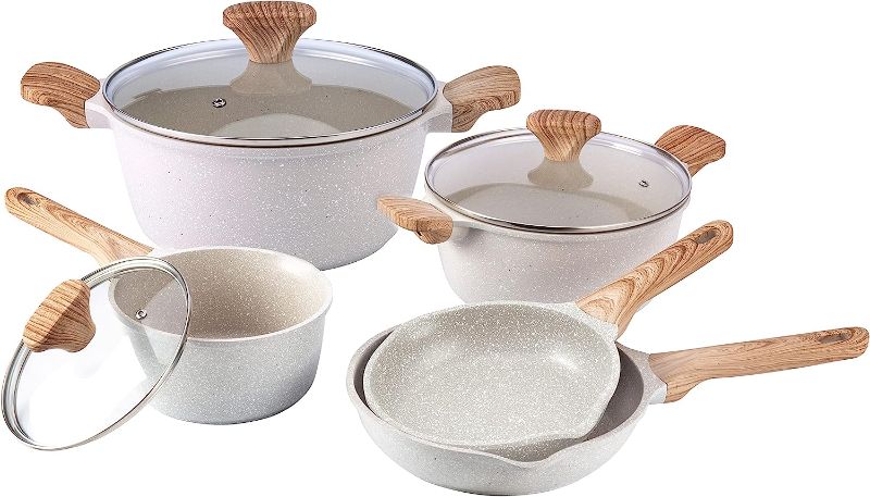 Photo 1 of  Country Kitchen Induction Cookware Sets - 8 Piece Nonstick Cast Aluminum Pots and Pans with BAKELITE Handles - Non-Toxic - Speckled Cream with Light Wood Handles
