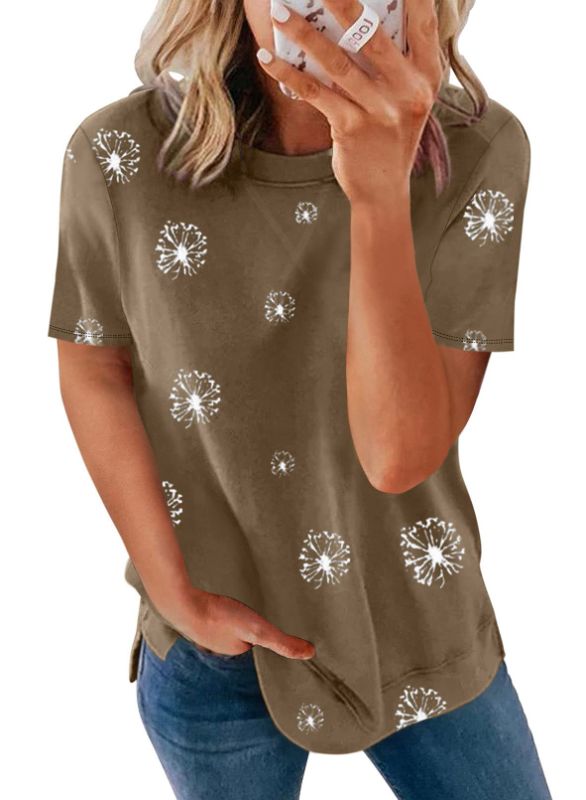 Photo 1 of Biucly Womens Short Sleeve Crewneck Shirts Loose Casual Tee T-Shirt Large T Brown