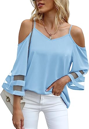 Photo 1 of Jouica Women‘s Summer Cold Shoulder Tops Mesh Panel 3/4 Bell Sleeve Tees Adjustable Spaghetti Strap Loose Fit Shirts 2 xl
