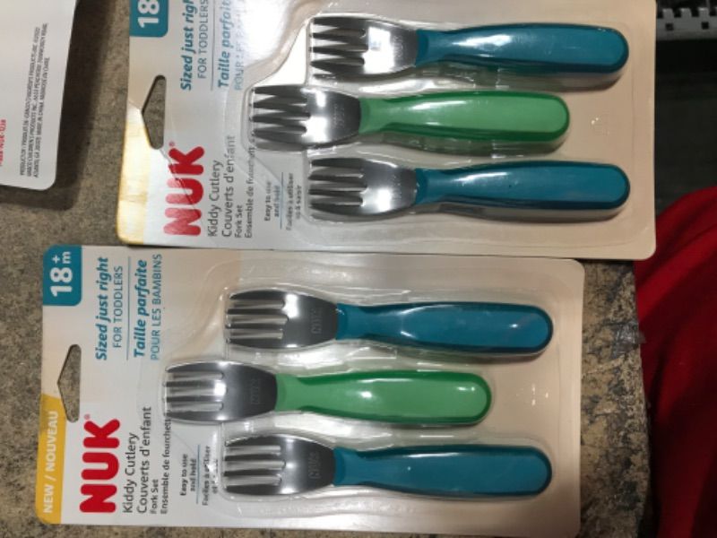 Photo 2 of 2PK-NUK Kiddy Cutlery Forks, 3 Pack, 18+ Months Blue & Green