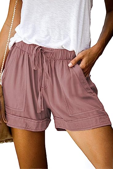 Photo 1 of size l-ROSKIKI Womens Summer Casual Drawstring Elastic Waist Comfy Pure Color Shorts with Pockets
