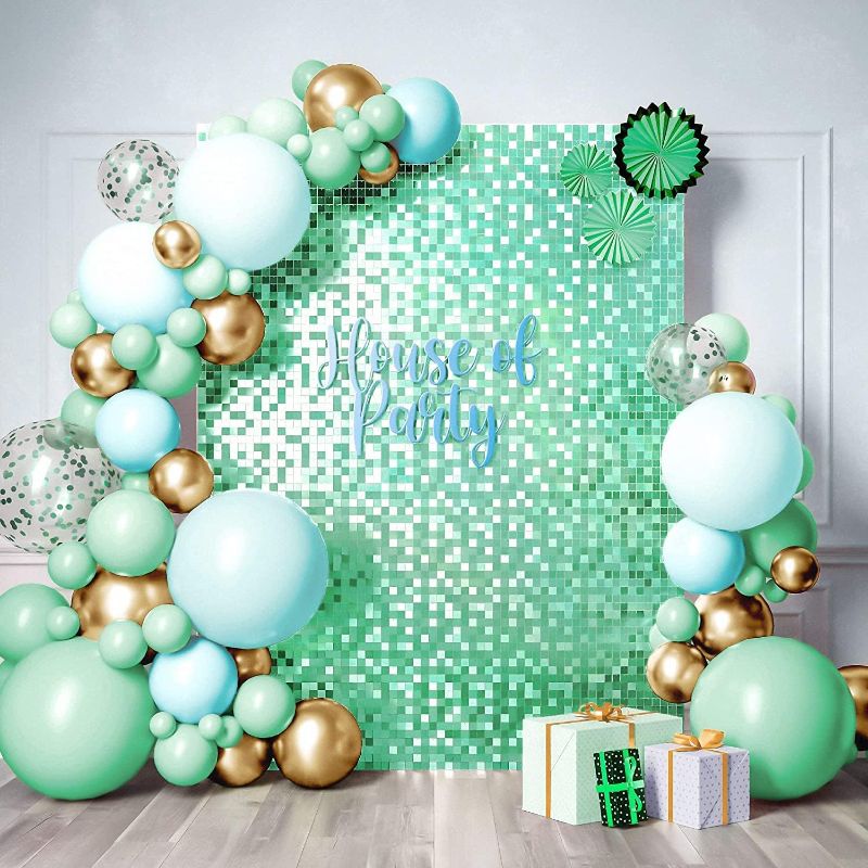 Photo 1 of HOUSE OF PARTY Mint Shimmer Wall Backdrop - 24 Pcs Square Sequin Wall Panels Shimmer Backdrop, Wall Decor for Wedding, Bachelorette & St Patricks Day Birthday Decorations
