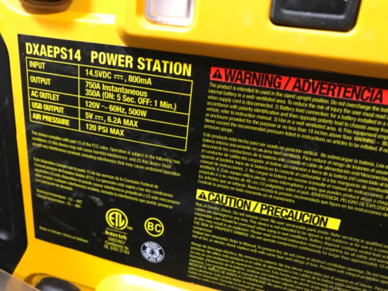 Photo 4 of DEWALT DXAEPS14 1600 Peak Battery Amp 12V Automotive Jump Starter/Power Station with 500 Watt AC Power Inverter, 120 PSI Digital Compressor, and USB Power , Yellow