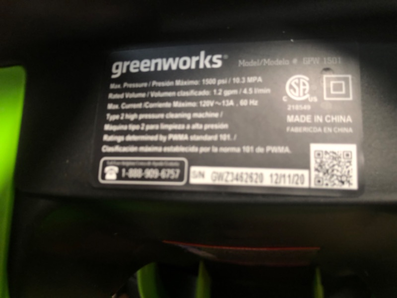 Photo 2 of Greenworks 1600 PSI (1.2 GPM) Electric Pressure Washer (Ultra Compact / Lightweight / 20 FT Hose / 35 FT Power Cord) Great For Cars, Fences, Patios, Driveways
